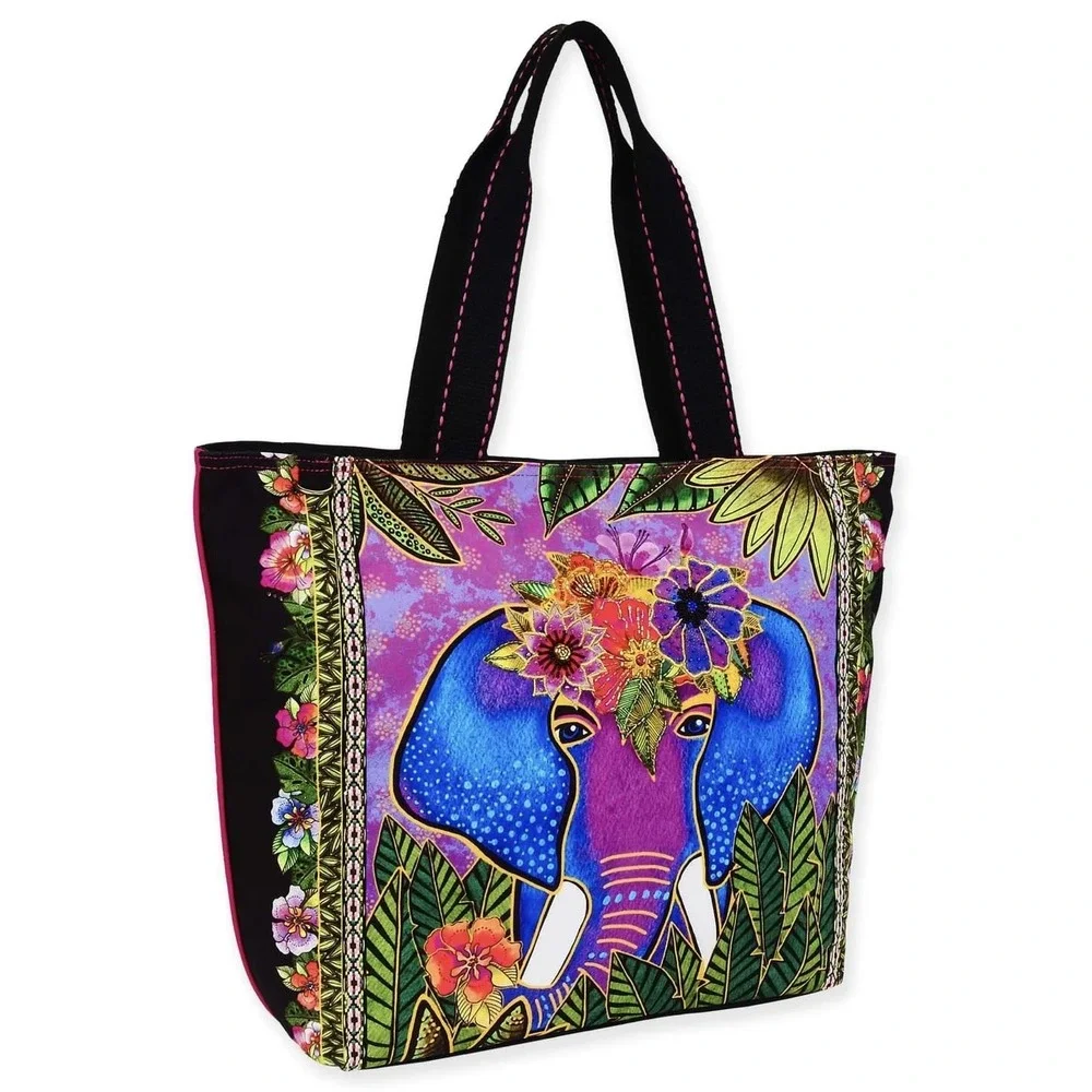 Laurel Burch Sun'N'Sand Alijah Elephant Large Tote 19x15x6‎ Multicolor Floral